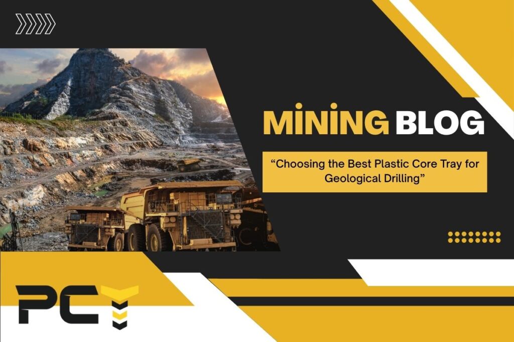 Stacked recycled plastic core trays at a mining site showing sturdy, UV-resistant design