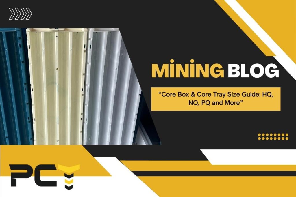 Stacked HQ, NQ, and PQ size plastic core trays in storage.