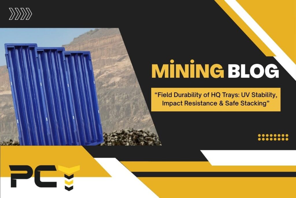 Factory production of HQ trays showing durable plastic core trays ready for mining field use, UV resistant and stackable.