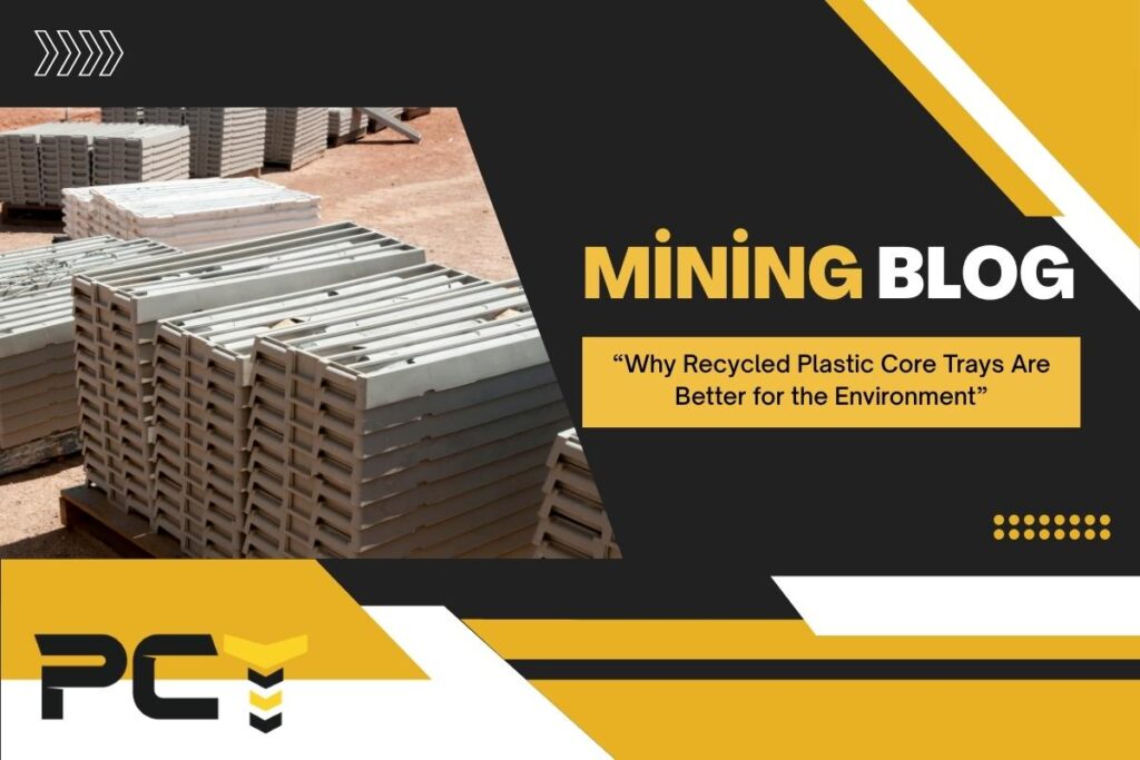 Stacked recycled plastic core trays ready for mining core samples