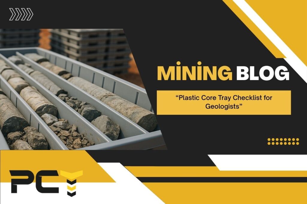 Recycled plastic core trays stacked securely at a mining site