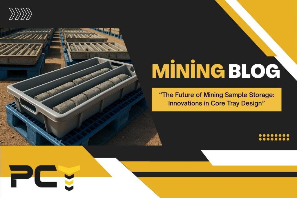 Plastic core trays stacked in a mining storage yard, showcasing durable and sustainable sample storage solutions.