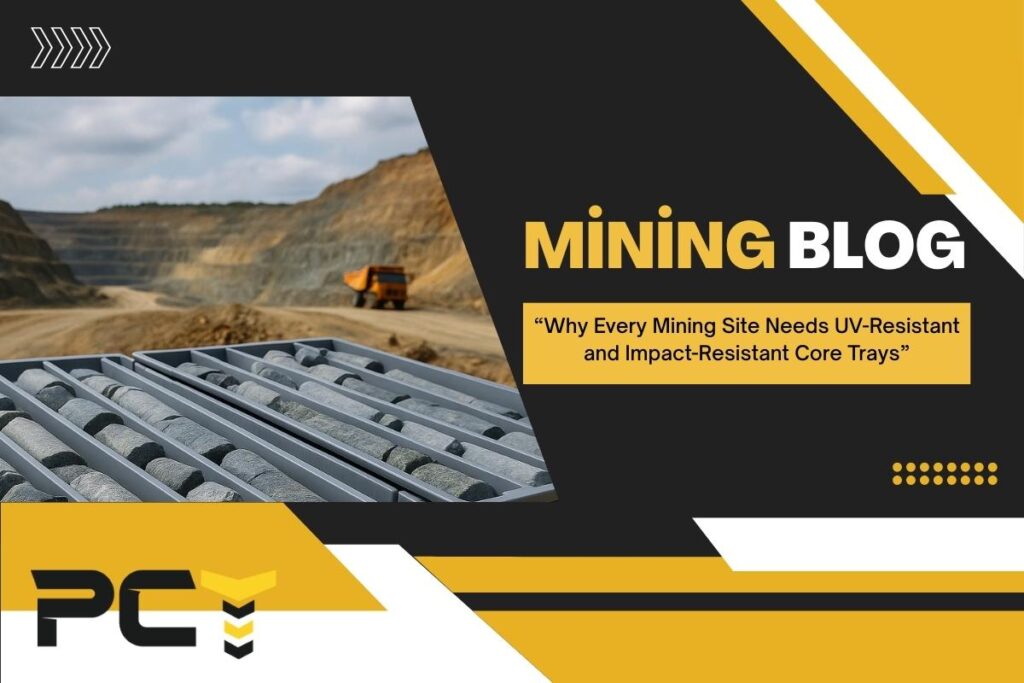 Stacks of UV-resistant plastic core trays in a mining yard, designed for impact resistance and long-term sample protection.
