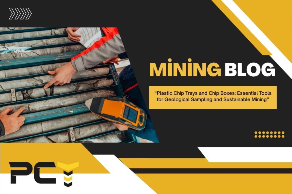 Plastic chip trays with labelled compartments storing RC drilling samples in a mining field camp.