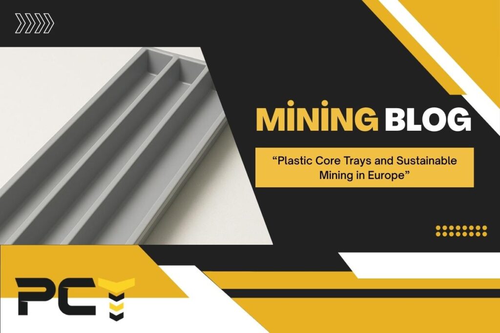 Stacks of recycled plastic core trays in a solar-powered manufacturing facility, exemplifying sustainable innovation in mining supplies.