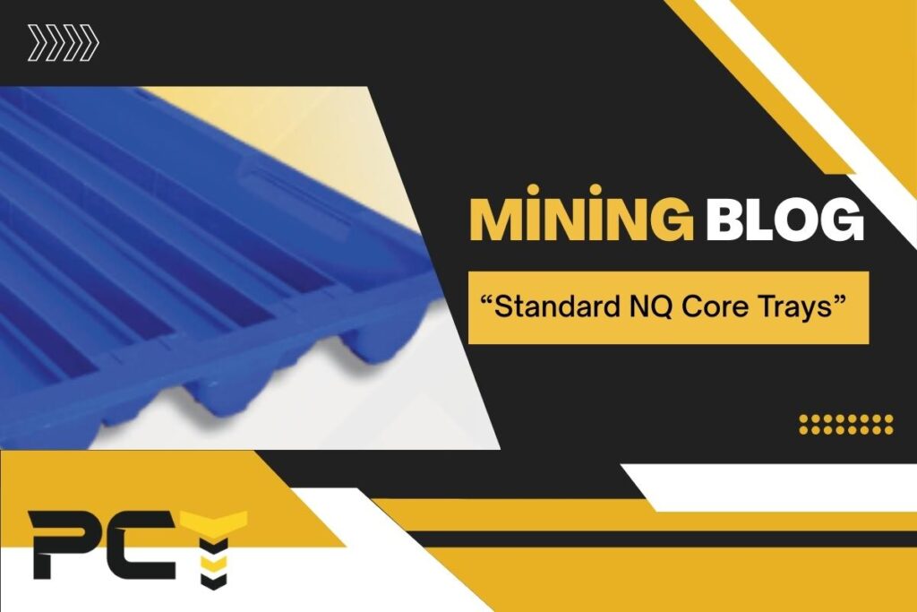 Stackable standard NQ plastic core trays with 5 x 1 m capacity for secure geological sample storage.