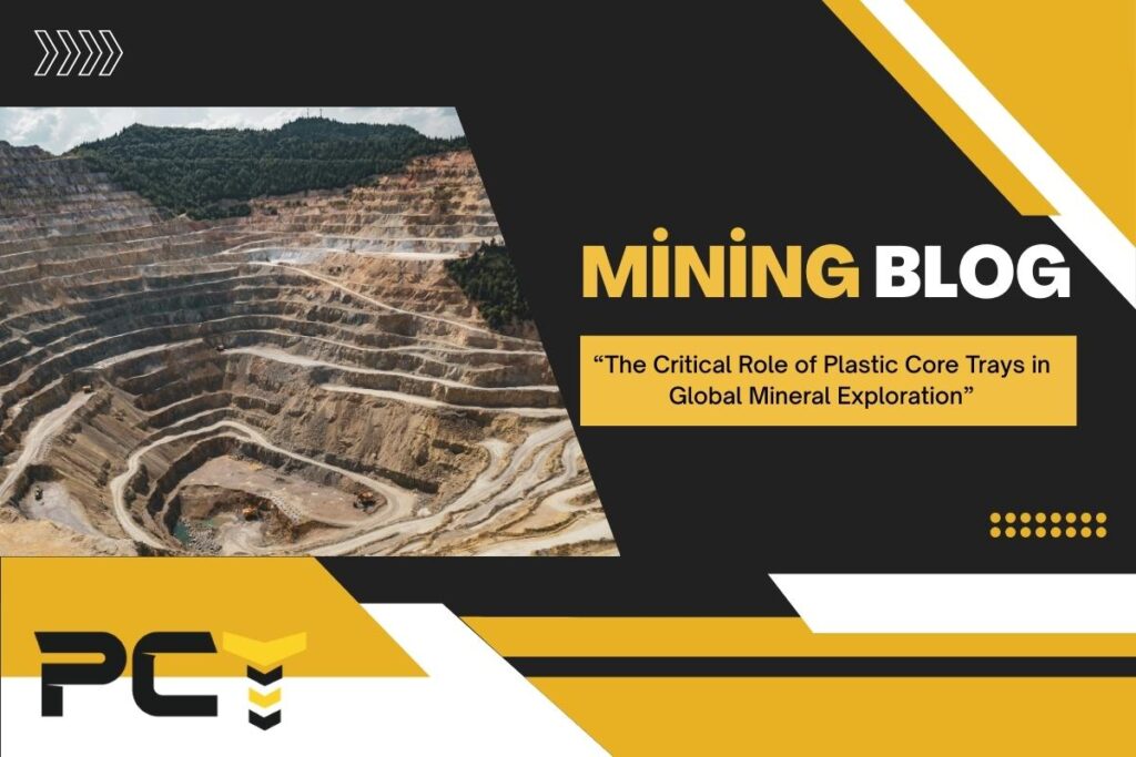Stacked plastic core trays filled with labeled drill core samples at a mining exploration site, demonstrating secure sample storage.
