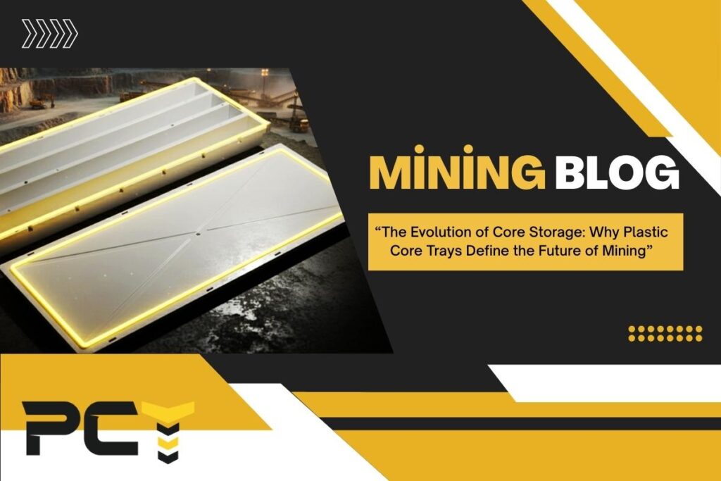 Stacked plastic core trays designed for safe storage of geological samples in mining exploration.