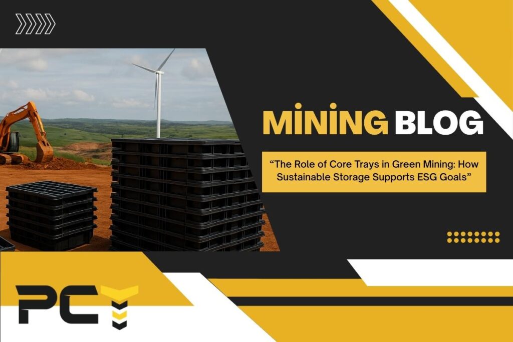 Durable plastic core trays stacked at a mining site, made from recycled materials for sustainable geological sample storage.