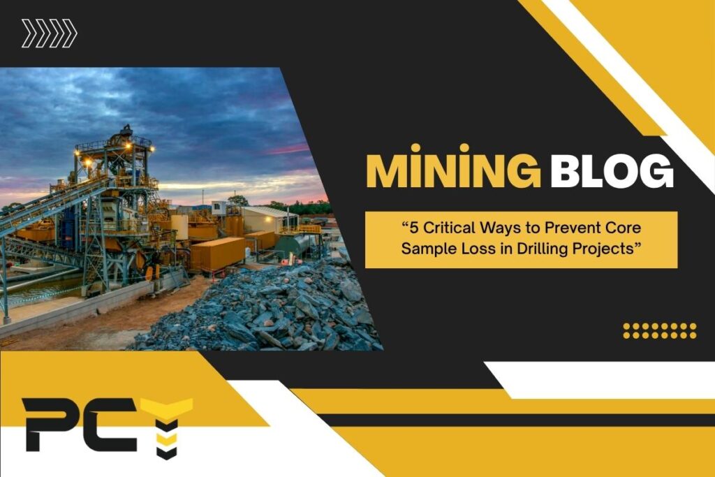 A geologist examines intact drill core samples stored neatly in a labeled plastic core tray, illustrating proper handling and storage.