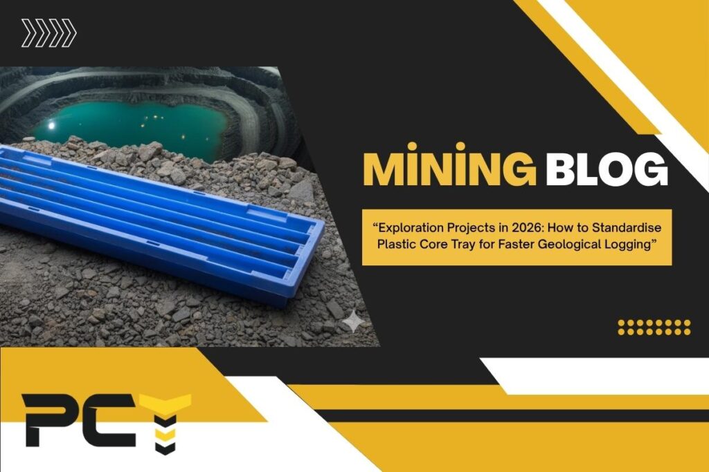 Geologists using plastic core trays and RC chip trays for geological logging at an exploration camp.