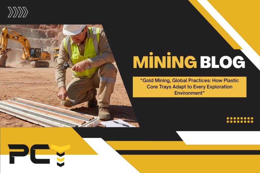 Geologists examine gold core samples in plastic trays at a remote exploration site, illustrating durable core storage in harsh conditions.