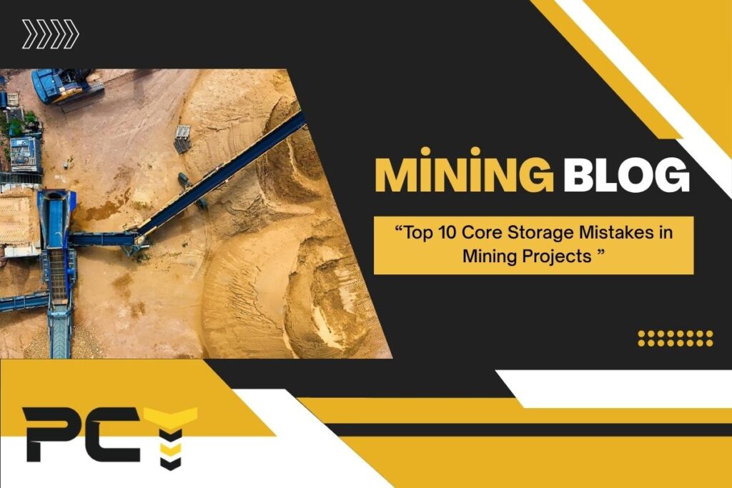 Stacked plastic core trays with labelled geological samples at a mining exploration site.