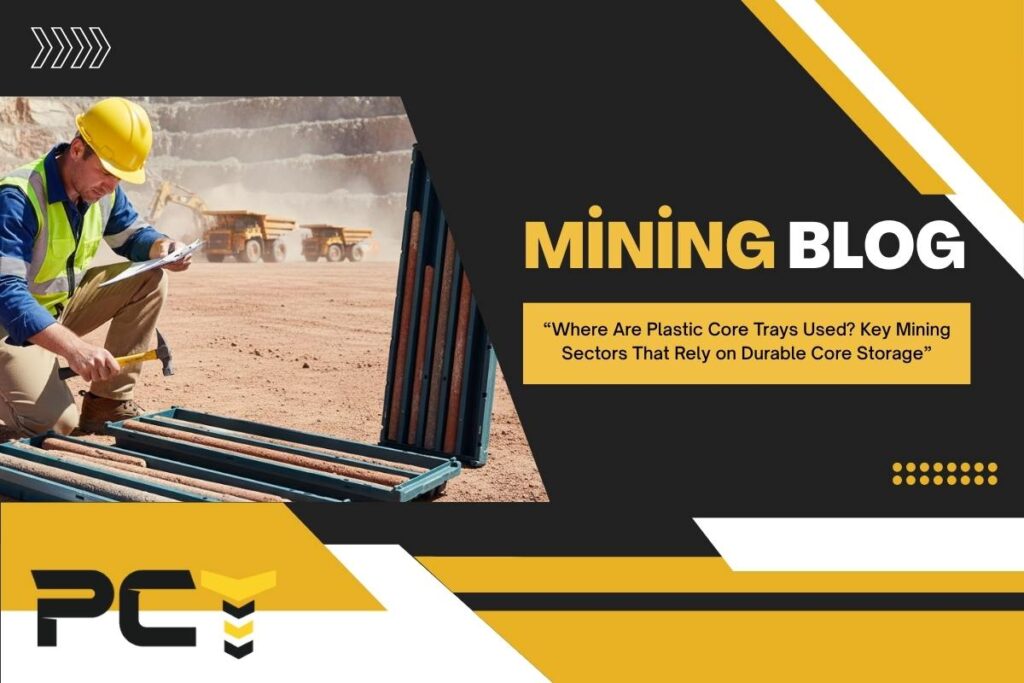 Plastic core trays stacked at a remote gold mining site for geological sample storage