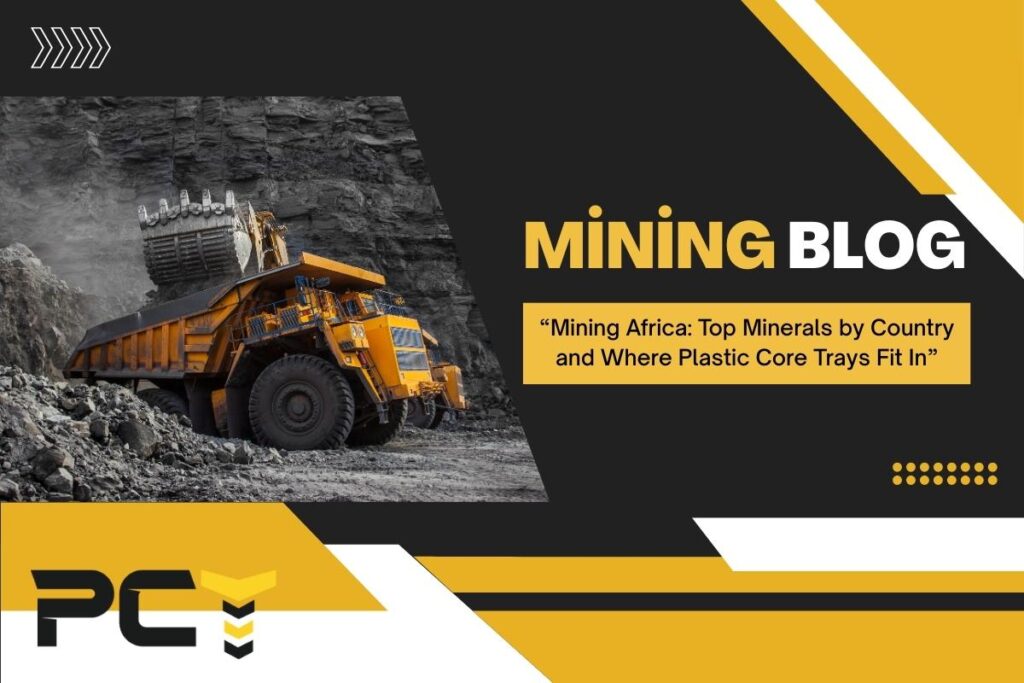 Geological team using plastic core trays at a remote African gold exploration site with rugged terrain and bright sunlight